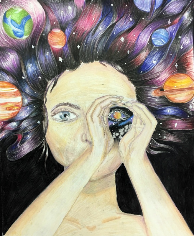 A painting of a girl. Images of planets are painted in her hair. 