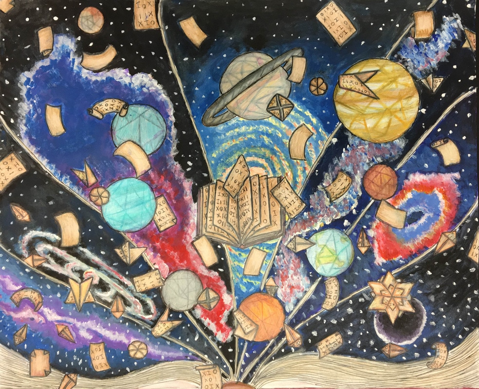 A painting of books, planets, and stars on a dark background