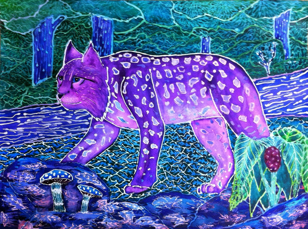 A painting of a purple catlike animal