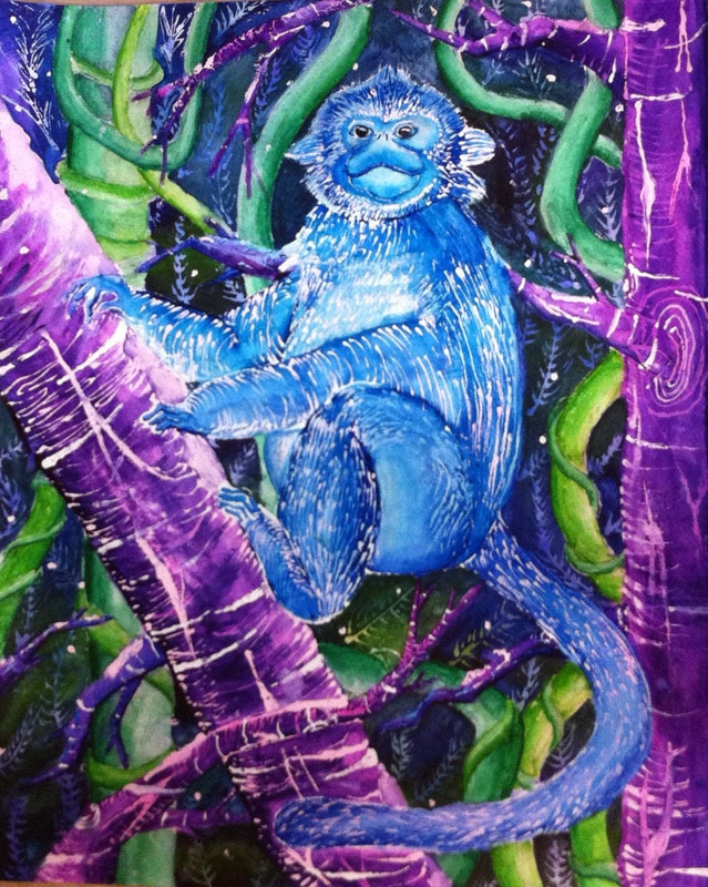 A painting of a blue monkey