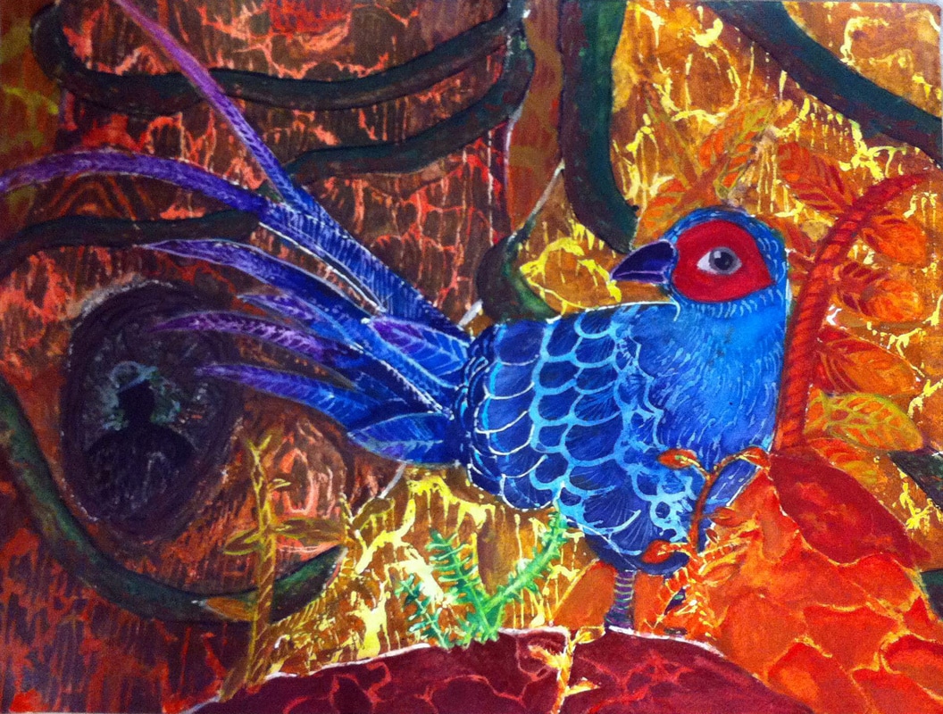 A painting of a brightly colored bird